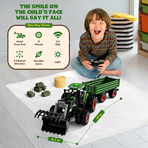 Remote Control Tractor Toy, Kids RC Tractor Set, Truck and Trailer Front Loader, Metal Car Head, 8 Wheel, Light P715