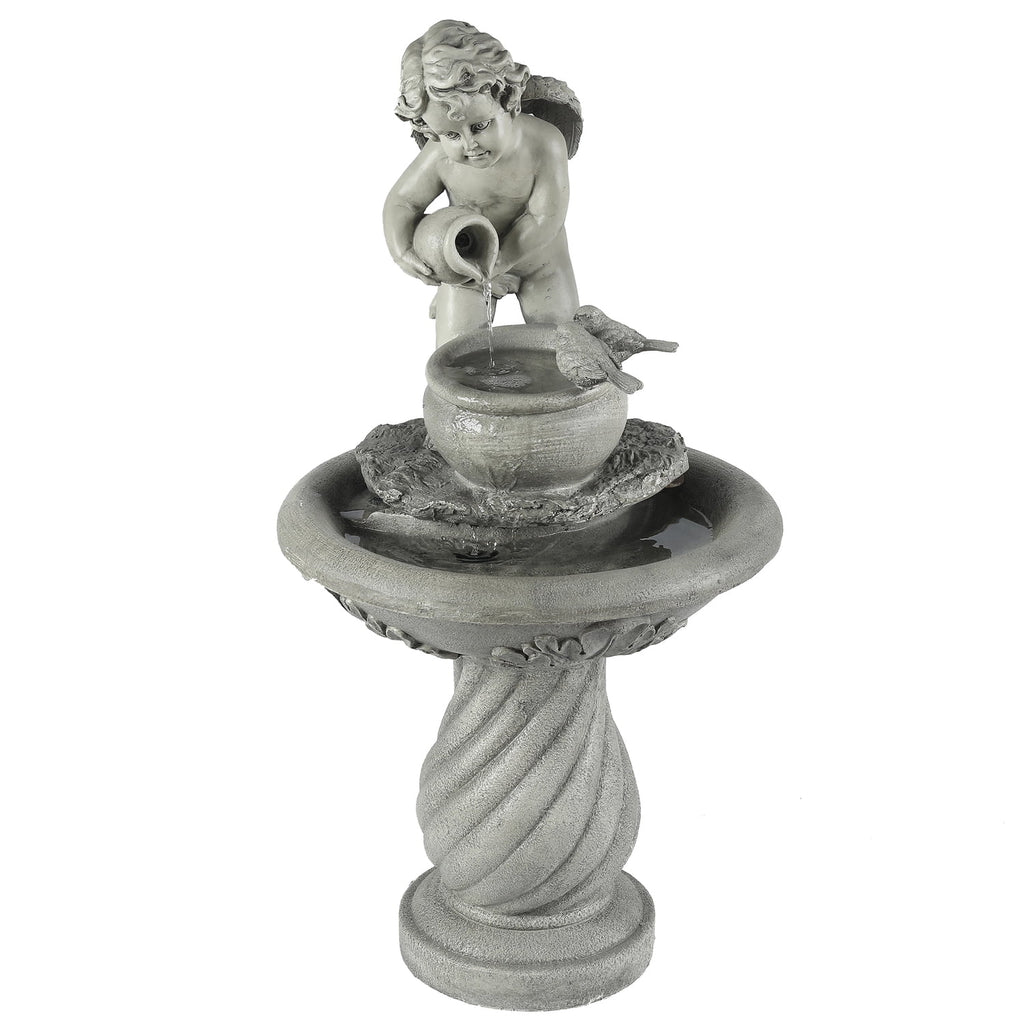 Gray Resin Cherub Birdbath Fountain F6423