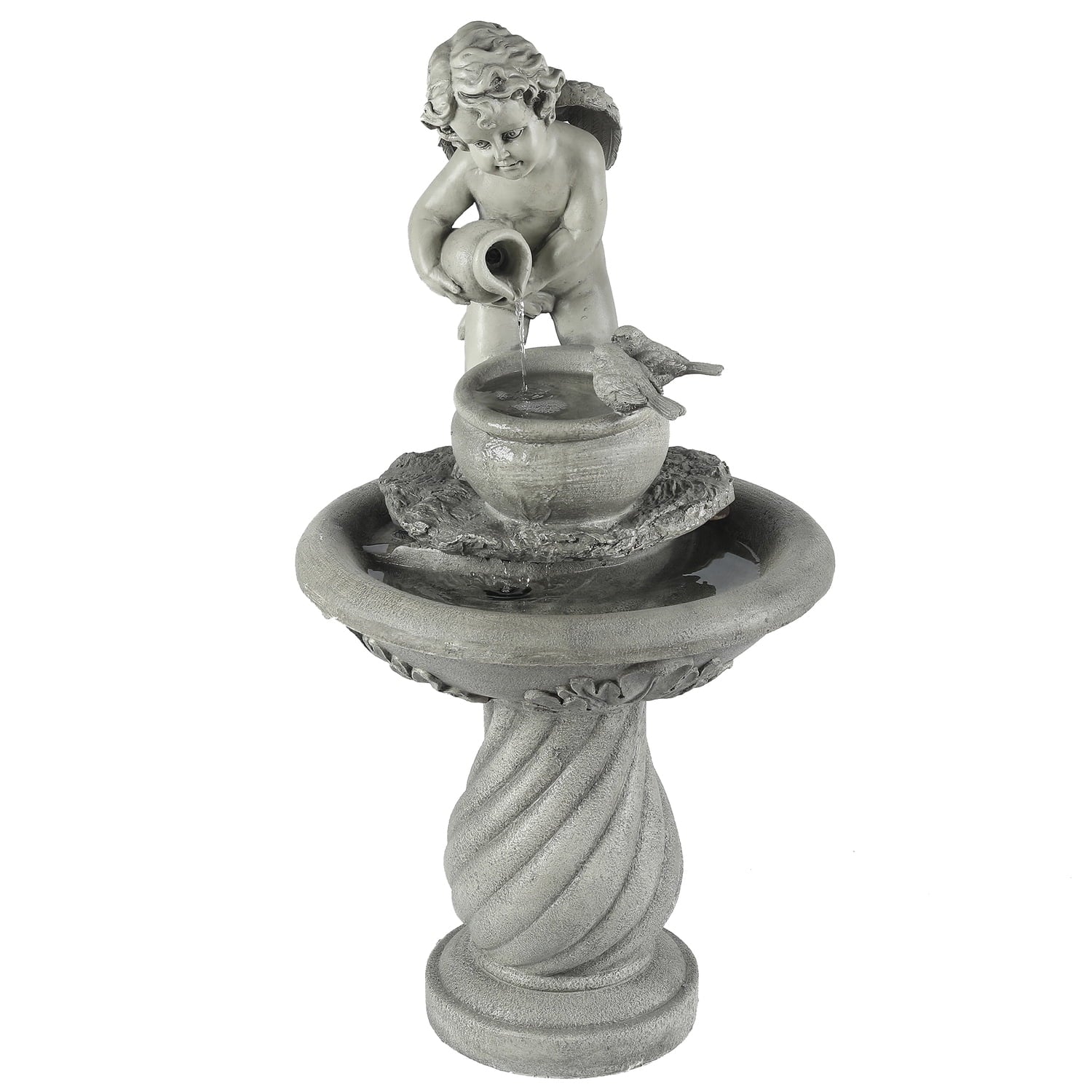 Gray Resin Cherub Birdbath Fountain F6423