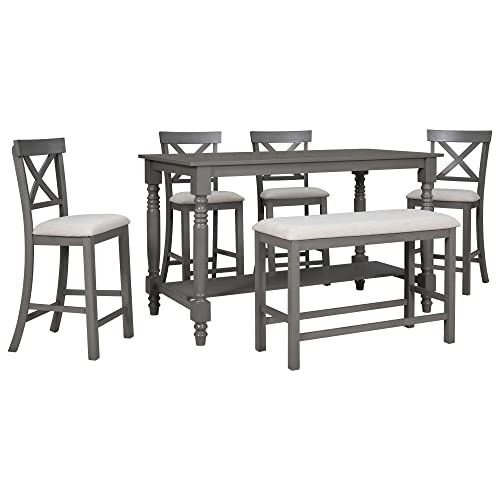 6-Piece Counter Height Table with Shelf 4 Chairs and Bench Gray L99259