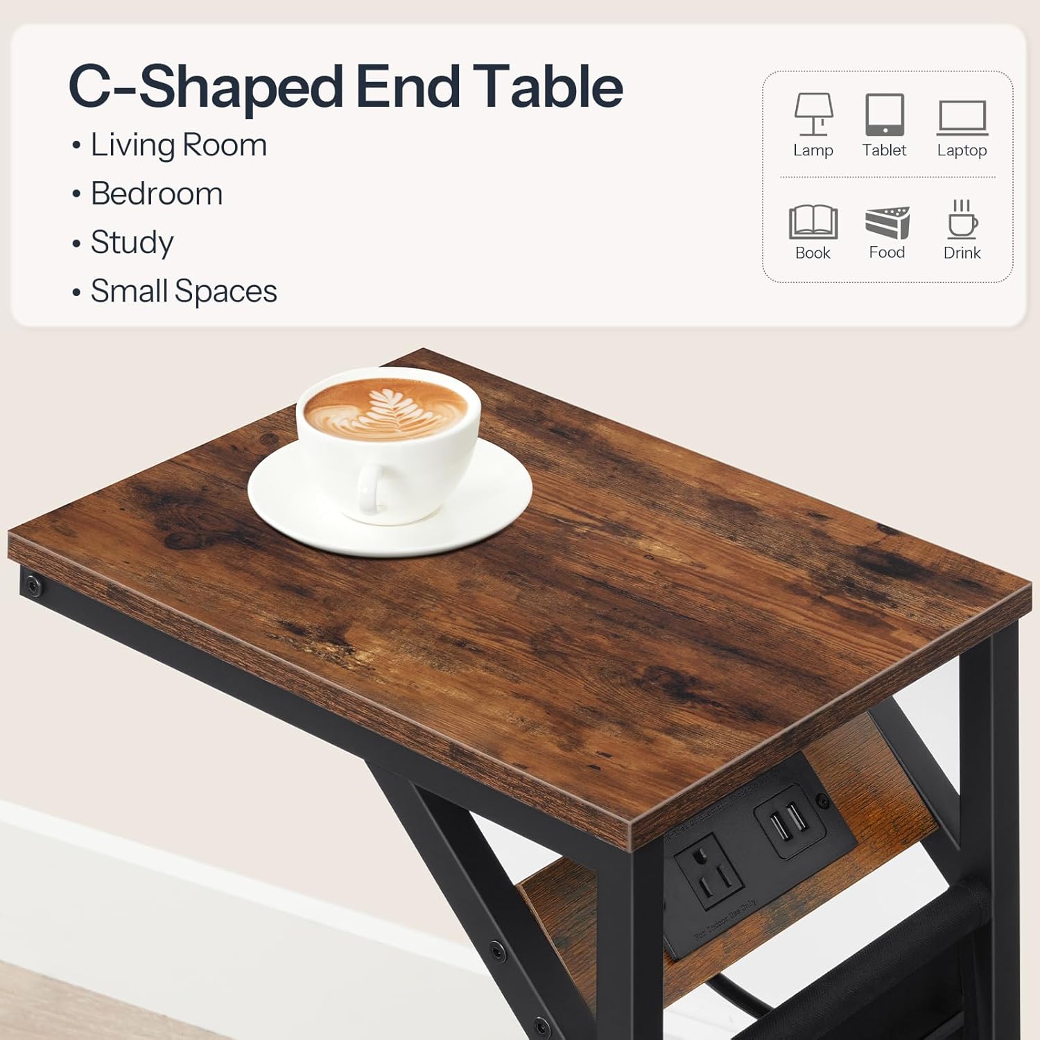 Rustic Brown and Black C-Shaped End Table with Charging Station and Storage Bag J35865