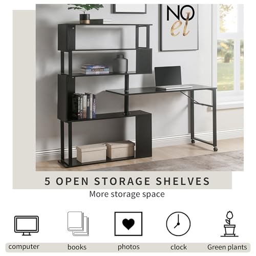 Brown L Shaped Computer Desk with Bookshelf and Lockable Casters B2864