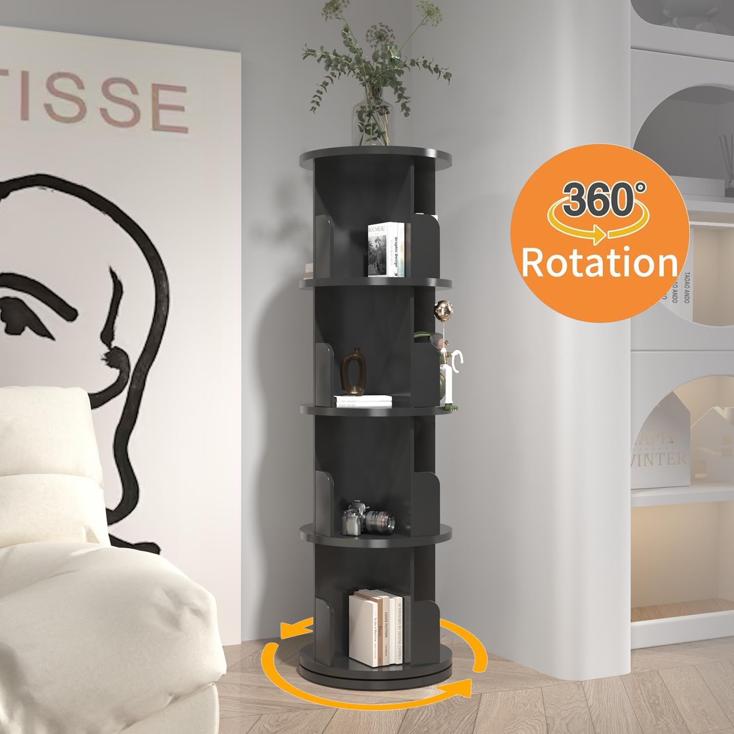 Black 4 Tier Rotating Wood Bookshelf O959