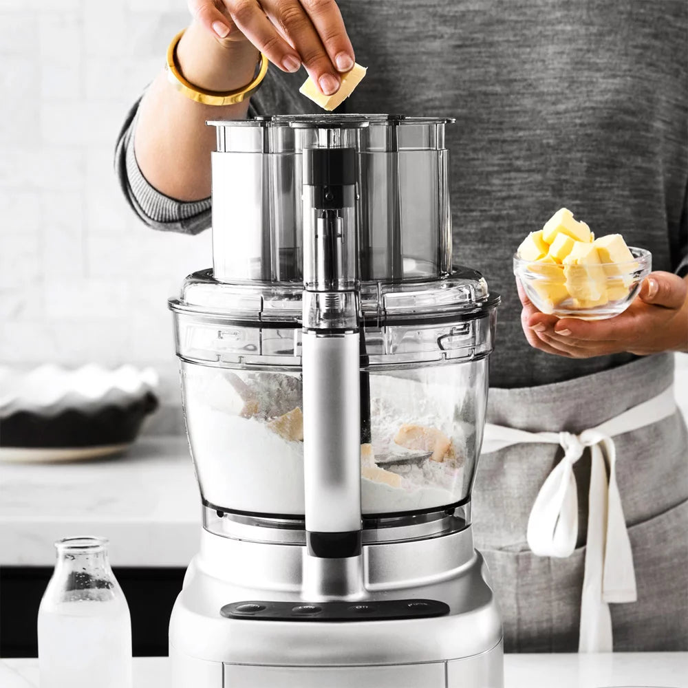 13-Cup Food Processor with Spiralizer and Dicer, Silver Bundle with 12 Piece Cutlery Set, Kitchen Timer and Red Oven Mitt K9483