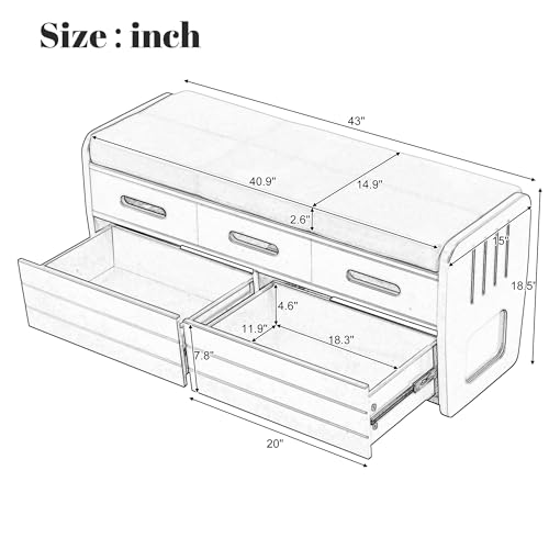 White Wooden Storage Bench with 2 Drawers and Cushion F538366