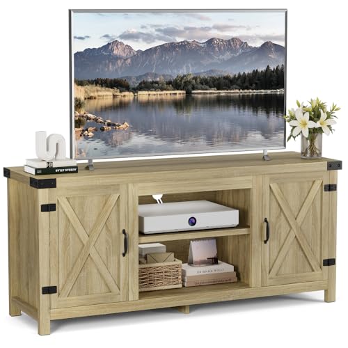Gray Wash TV Stand with Two Barn Doors and Storage Cabinets E97307