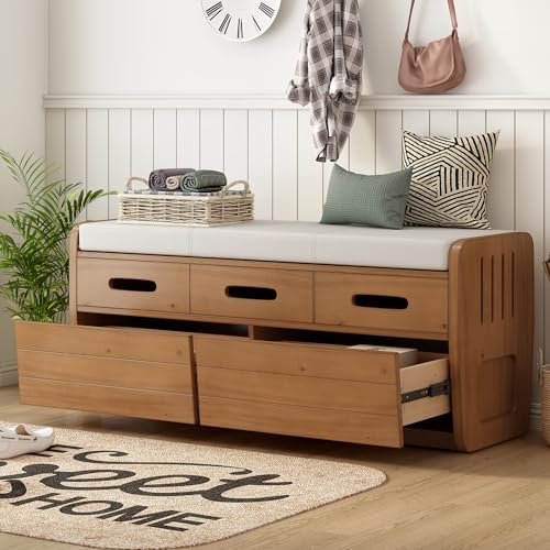 White Wooden Storage Bench with 2 Drawers and Cushion F538366