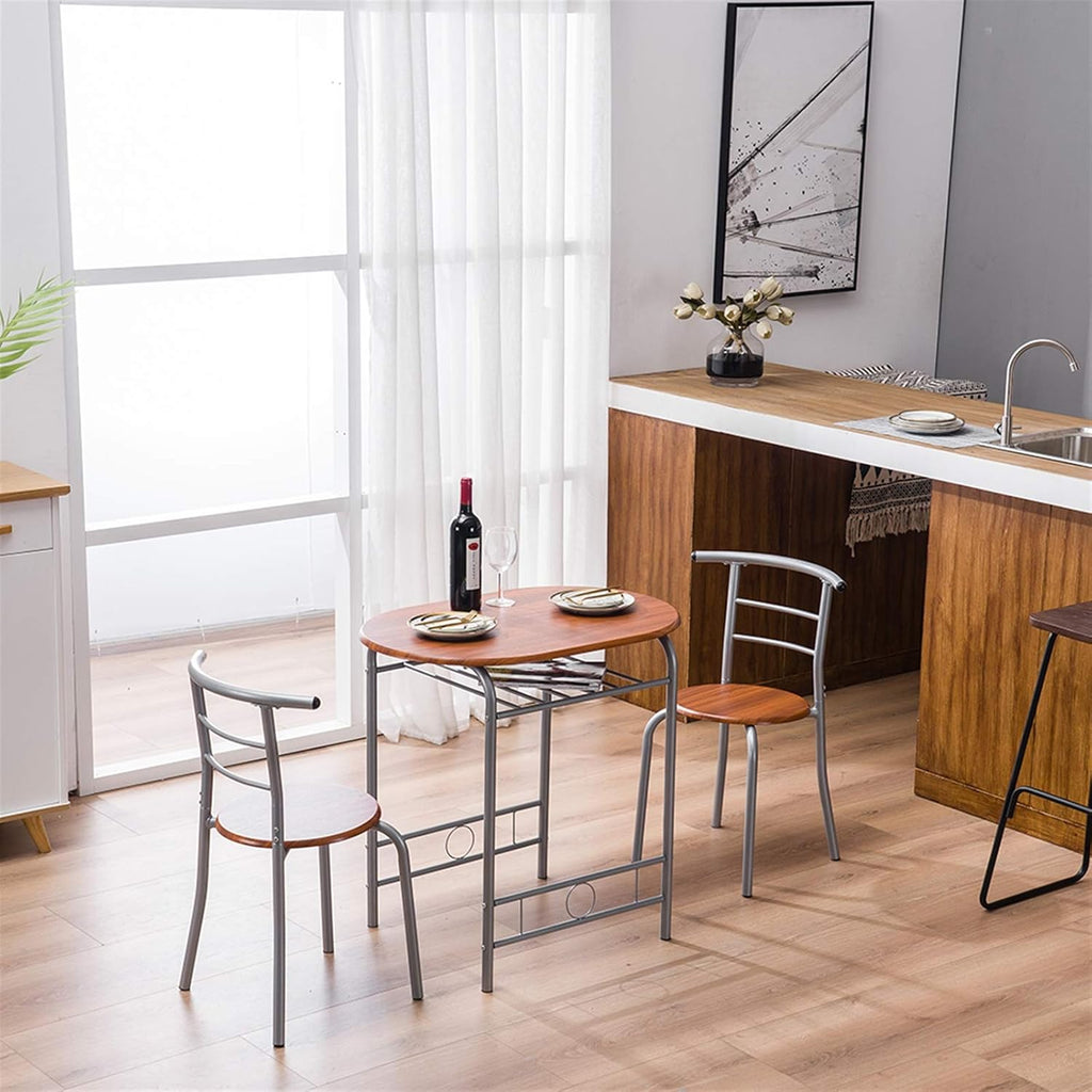 3-Piece Small Round Dining Table with Wine Storage Rack, Wood, Metal Frame, Brown Q969