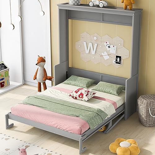 White Queen Size Murphy Bed with Storage Shelves and LED Lights Z8760