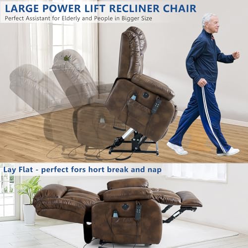 Large Power Lift Recliner with Heated and Massage, Breathable Leather (Dark Blue) G74525