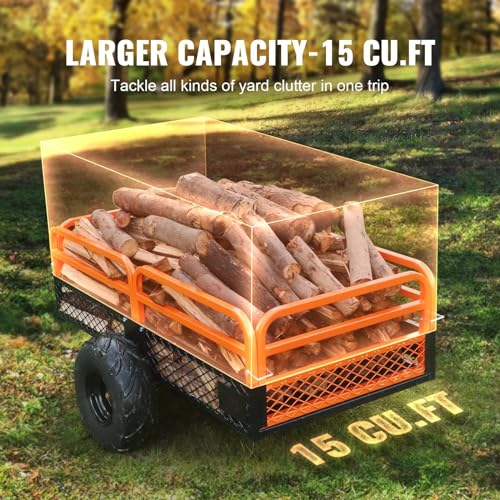Heavy Duty Steel ATV Dump Trailer, 1500-Pound Load Capacity 15 Cubic Feet, Tow Behind Dump Cart with Removable Sides and 2 Tires F8203