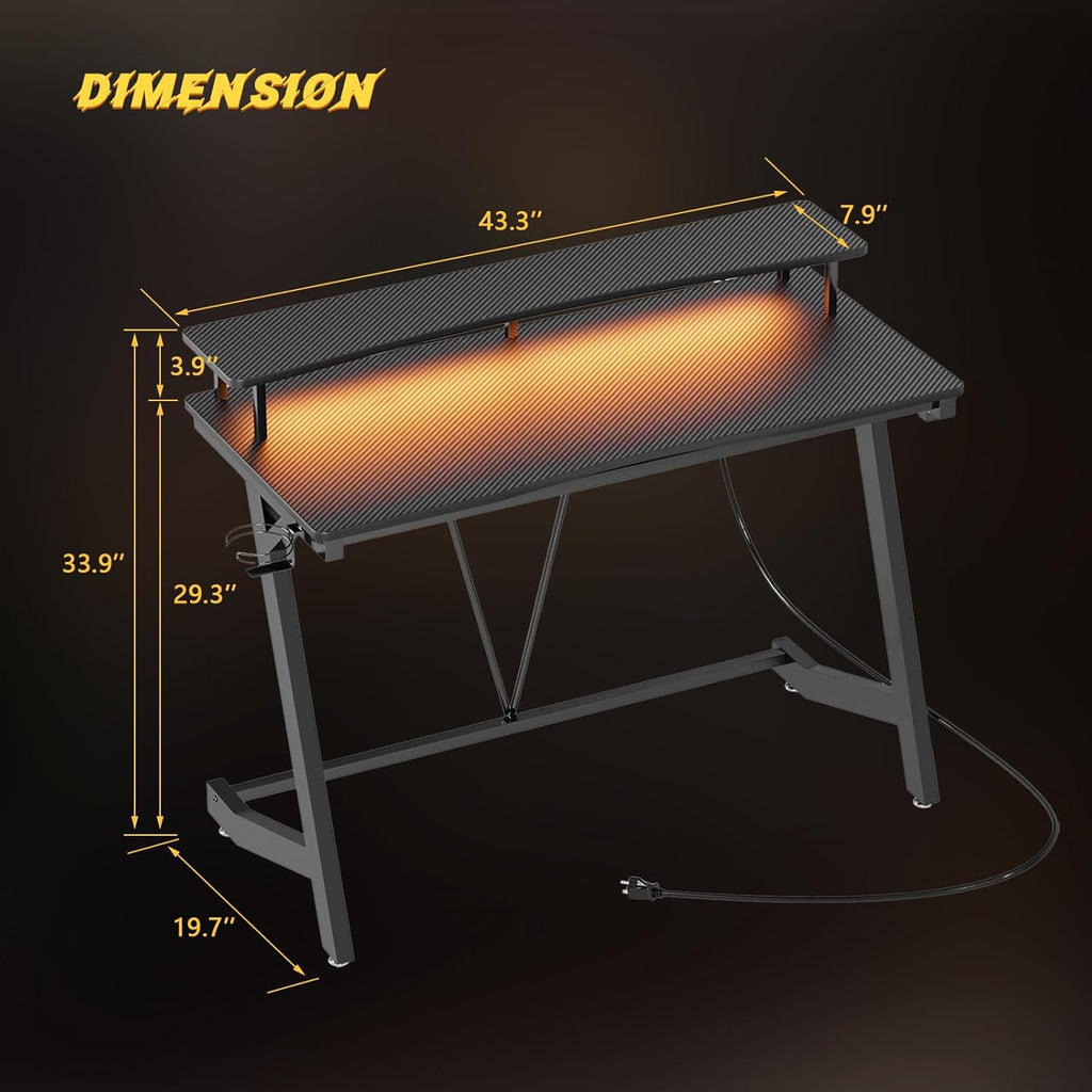 Gaming Desk with Power Outlets & Music Strip Lights, Large Monitor Stand Z617