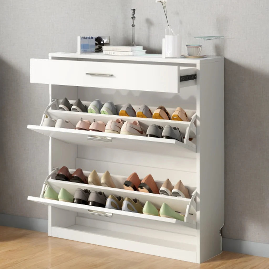 Slim Entryway Organizer with 2 Flip Drawers, Tempered Glass Top Shoe Storage Cabinet with Drawer, Free Standing Shoe Rack with LED Light (white) E6667