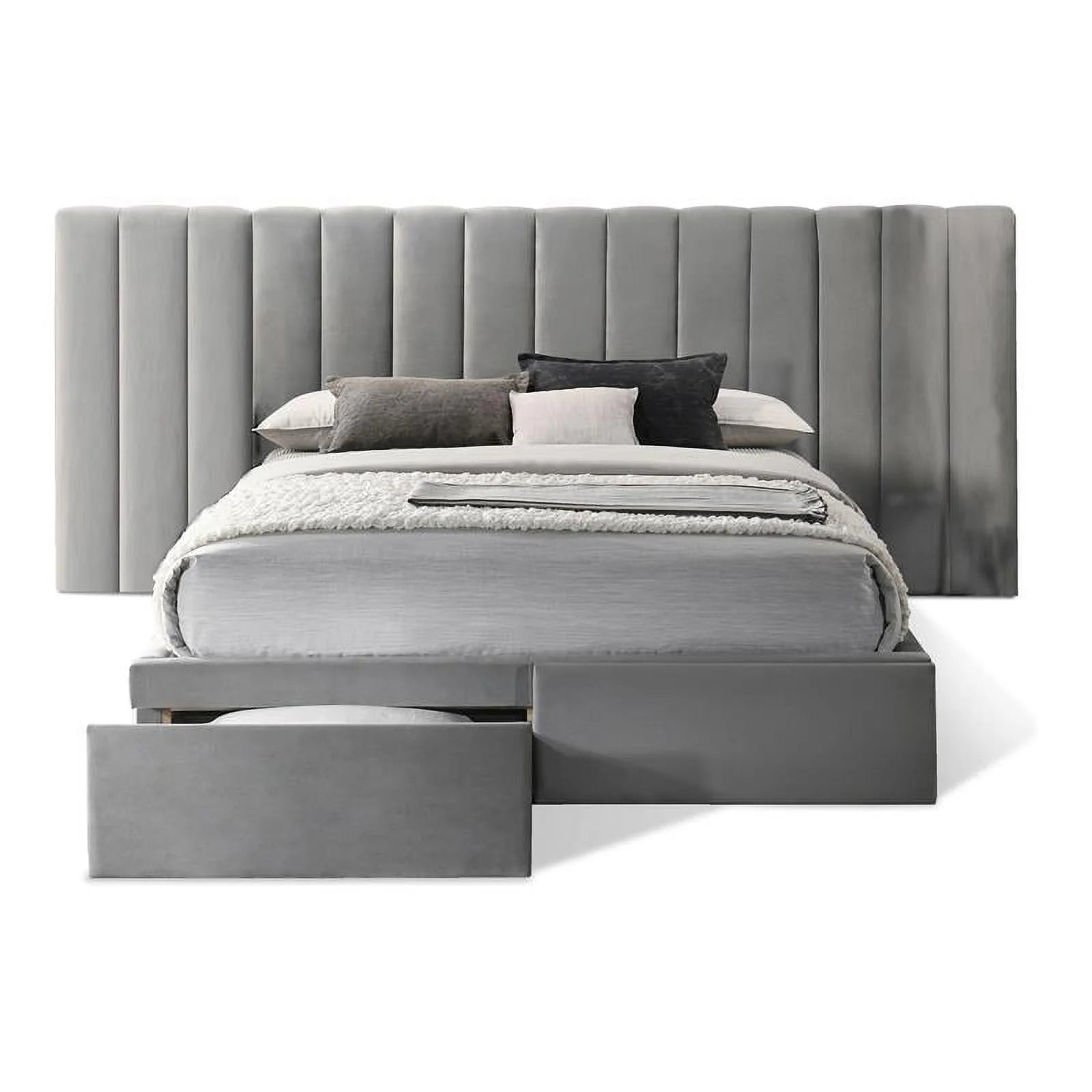 Solid Wood Velvet Queen Headboard with Footboard in Gray Z483253