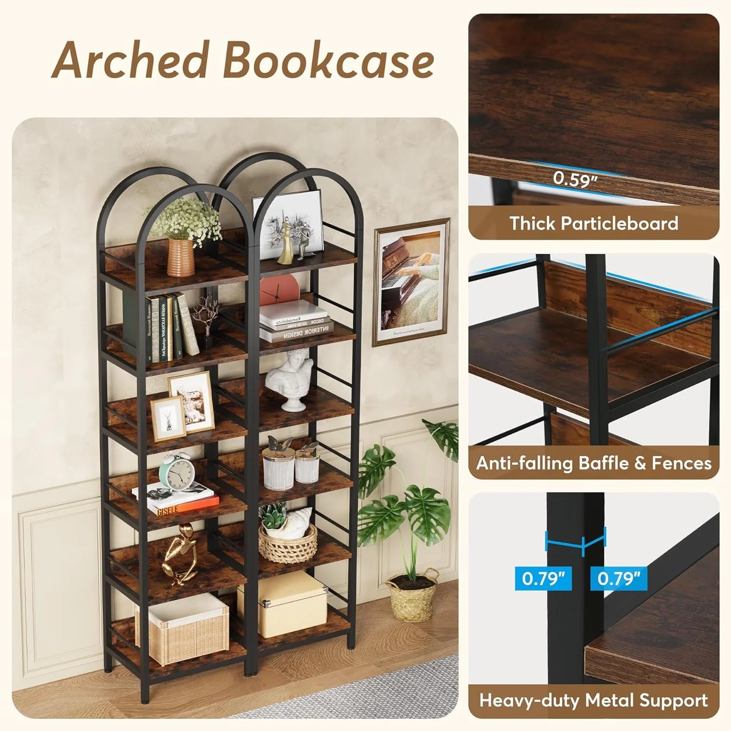 6-Tier Open Bookshelf, 78.7" Tall Arched Bookcase with Metal Frame, Rustic Brown A4183