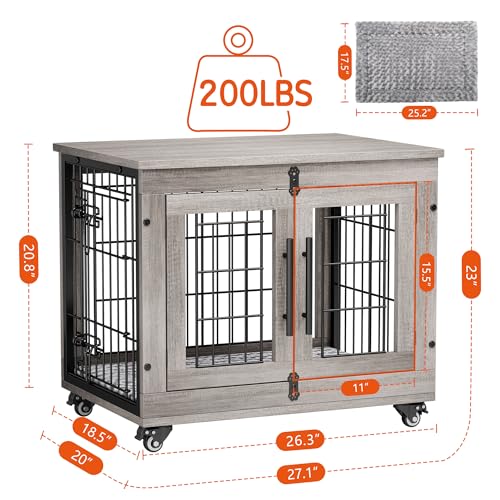 Grey Wooden Dog Crate 32'' with Cushion & Wheels Double Doors Q8314