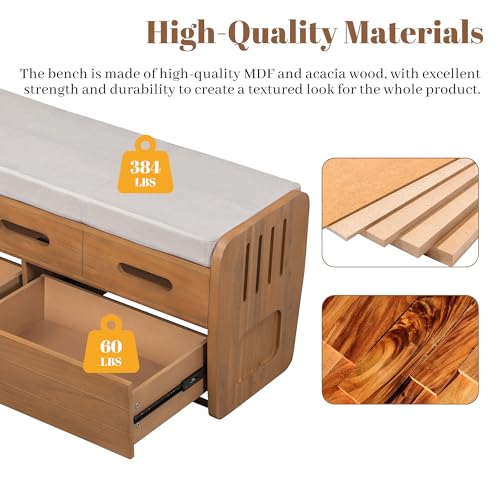 White Wooden Storage Bench with 2 Drawers and Cushion F538366