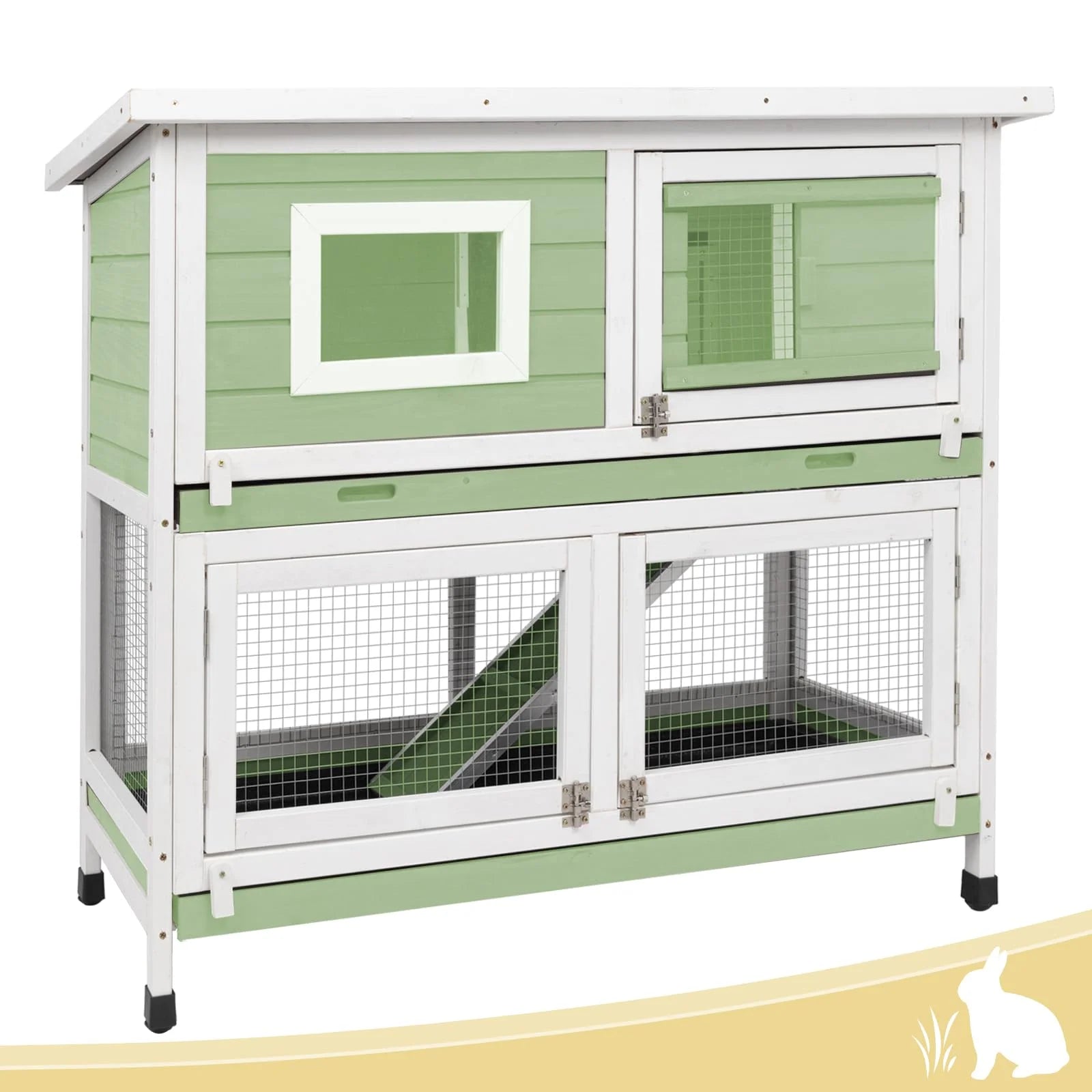 Green Two Story Rabbit Hutch with Wheels A537369