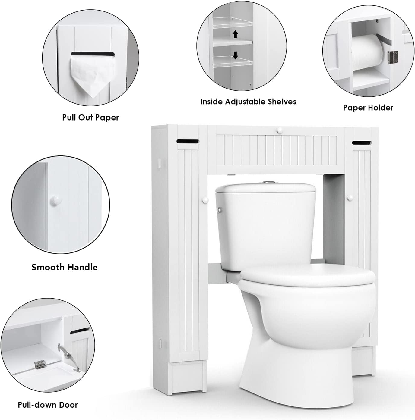 White Freestanding Over The Toilet Cabinet with 2 Side Doors G709