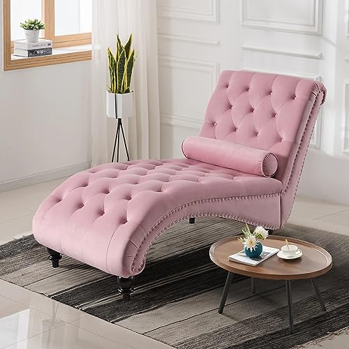 Pink Velvet Button Tufted Chaise Lounge Chair with Lumbar Pillow S7115