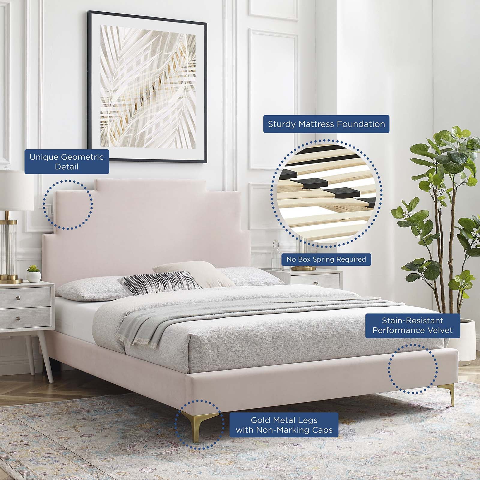 Queen Size Velvet Pink Platform Bed Frame Q8502