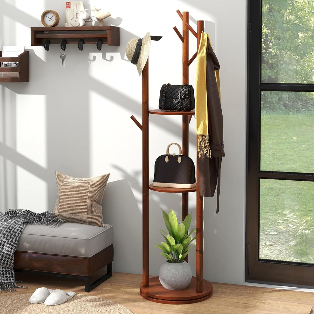 Walnut Wooden Freestanding Coat Rack with 3 Shelves and 9 Hooks L3636