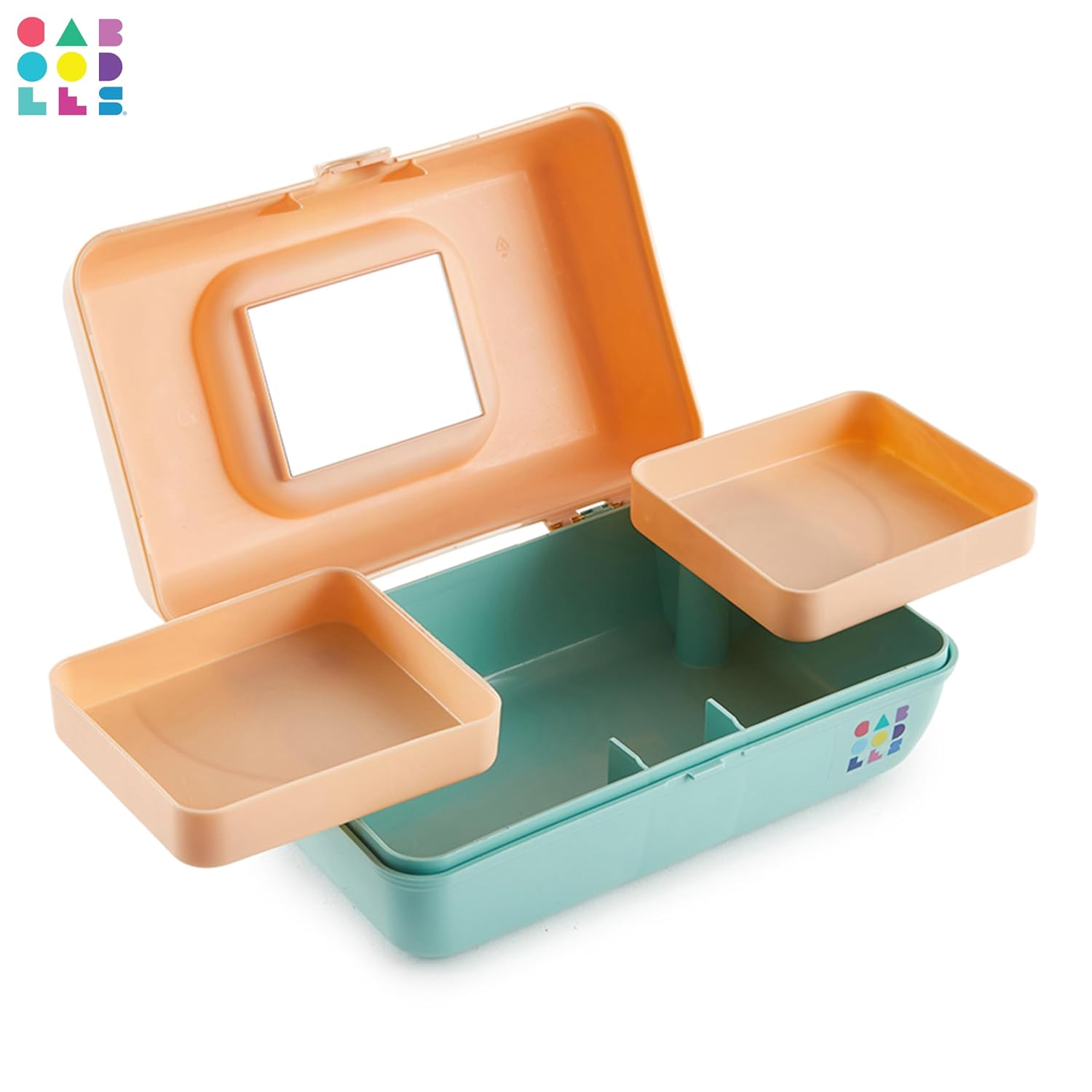 Two-Tone Peach on Seafoam Hard Plastic Makeup Box with 2 Swivel Trays C5068