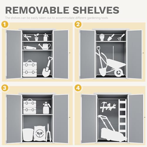 60 Cuft Outdoor Tall Storage Shed with 2 Shelves, Weatherproof Vertical Tool Shed with Floor & Lockable Doors, Double-Wall Plastic Cabinet (Gray) J68129
