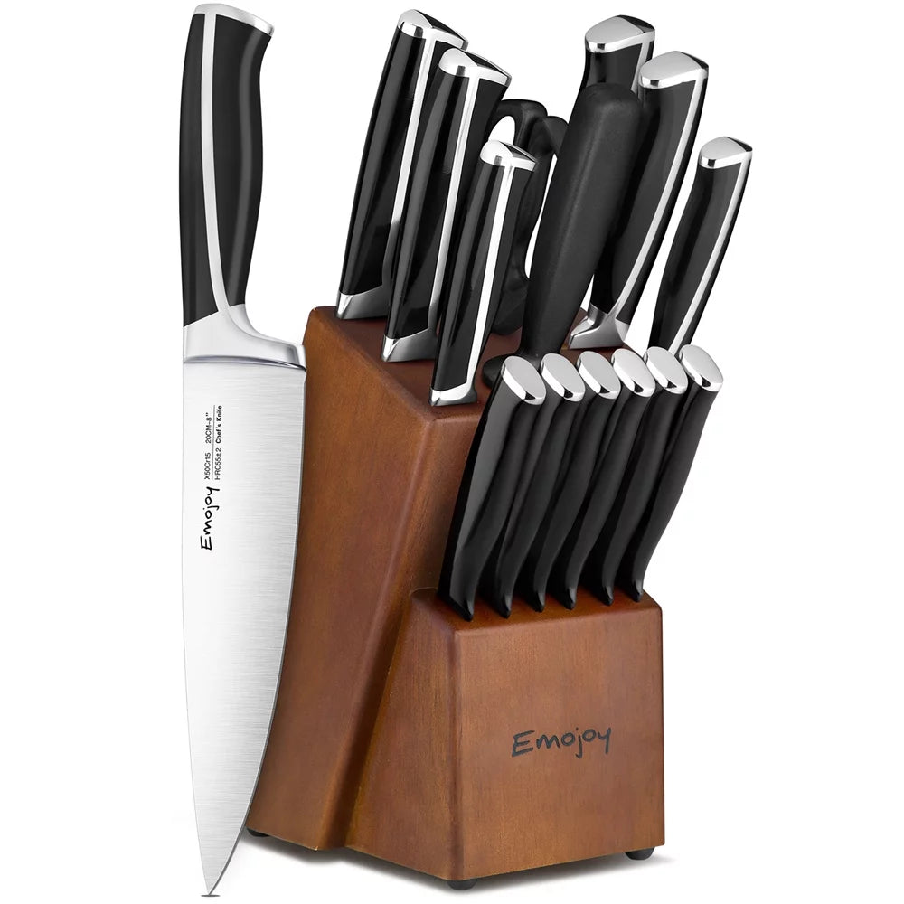 15-Pcs Black Stainless Steel Knife Set with Block O362