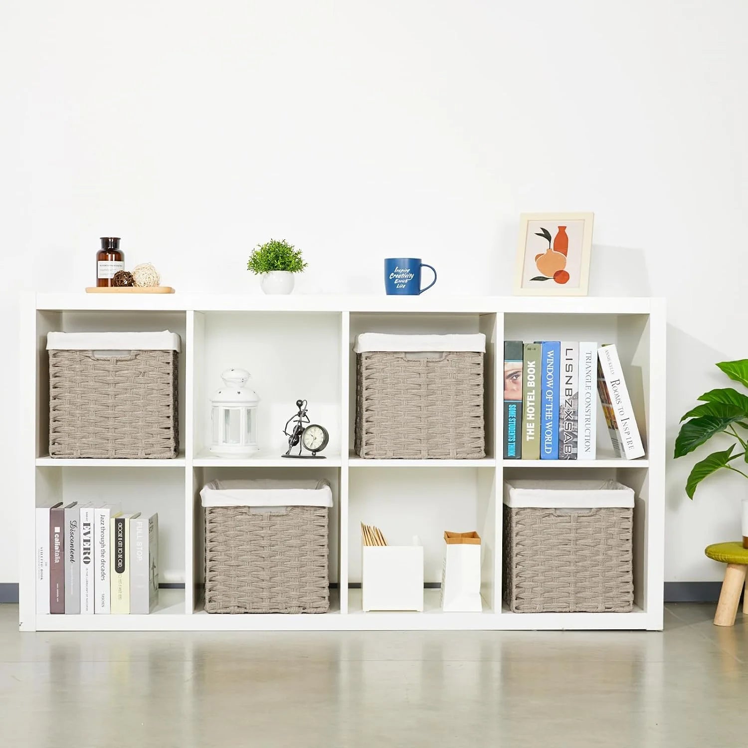4-Pack Hand-Woven Imitation Wicker Cube Storage Bins with Liners Greyish Beige N202