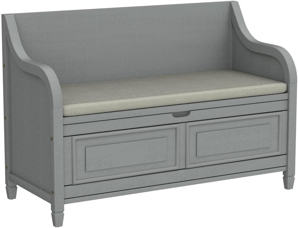 Rustic Storage Bench with Backrest and Hidden Storage, Gray Wash+Beige I28424