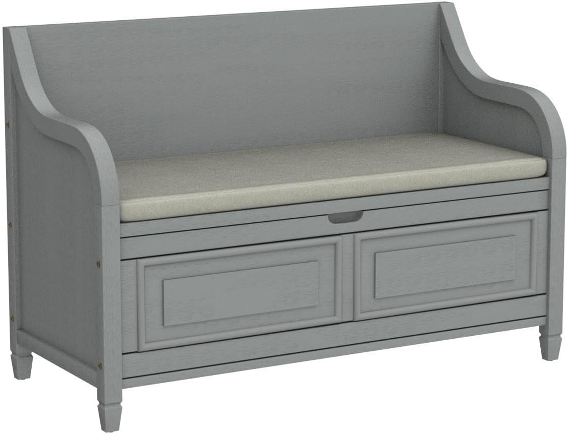 Rustic Storage Bench with Backrest and Hidden Storage, Gray Wash+Beige I28424