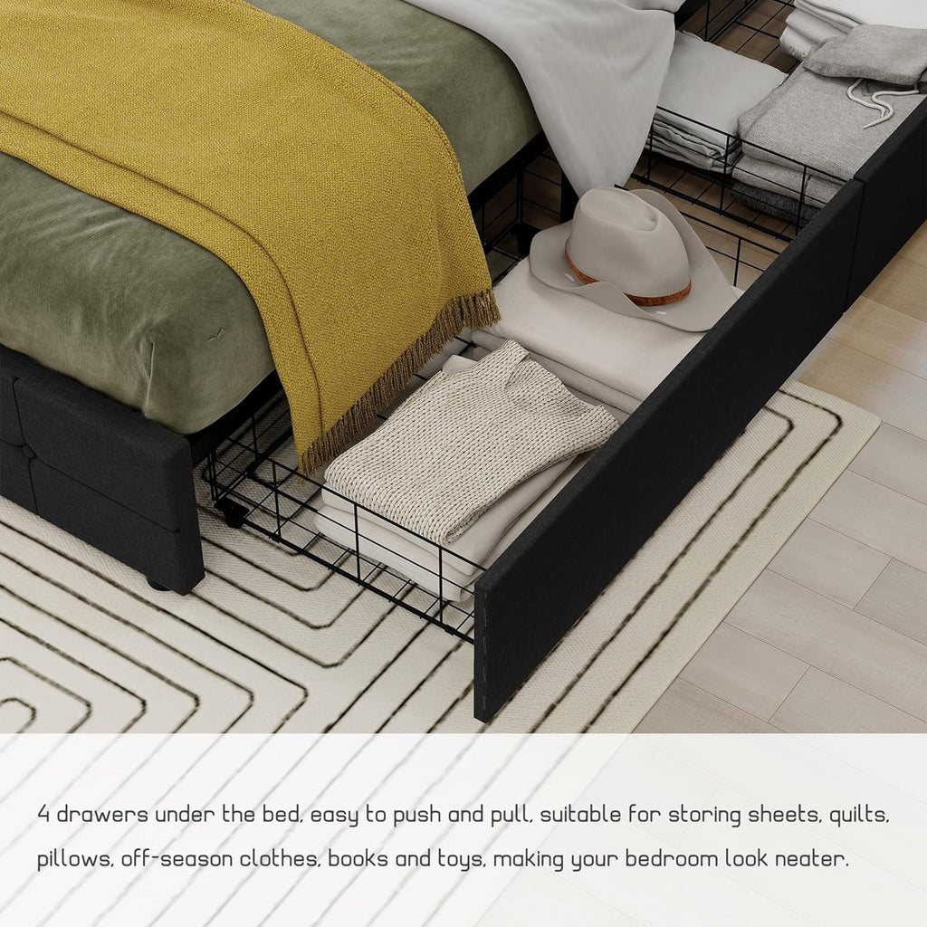 Black Linen Queen Size Platform Bed Frame with 4 Storage Drawers F9730