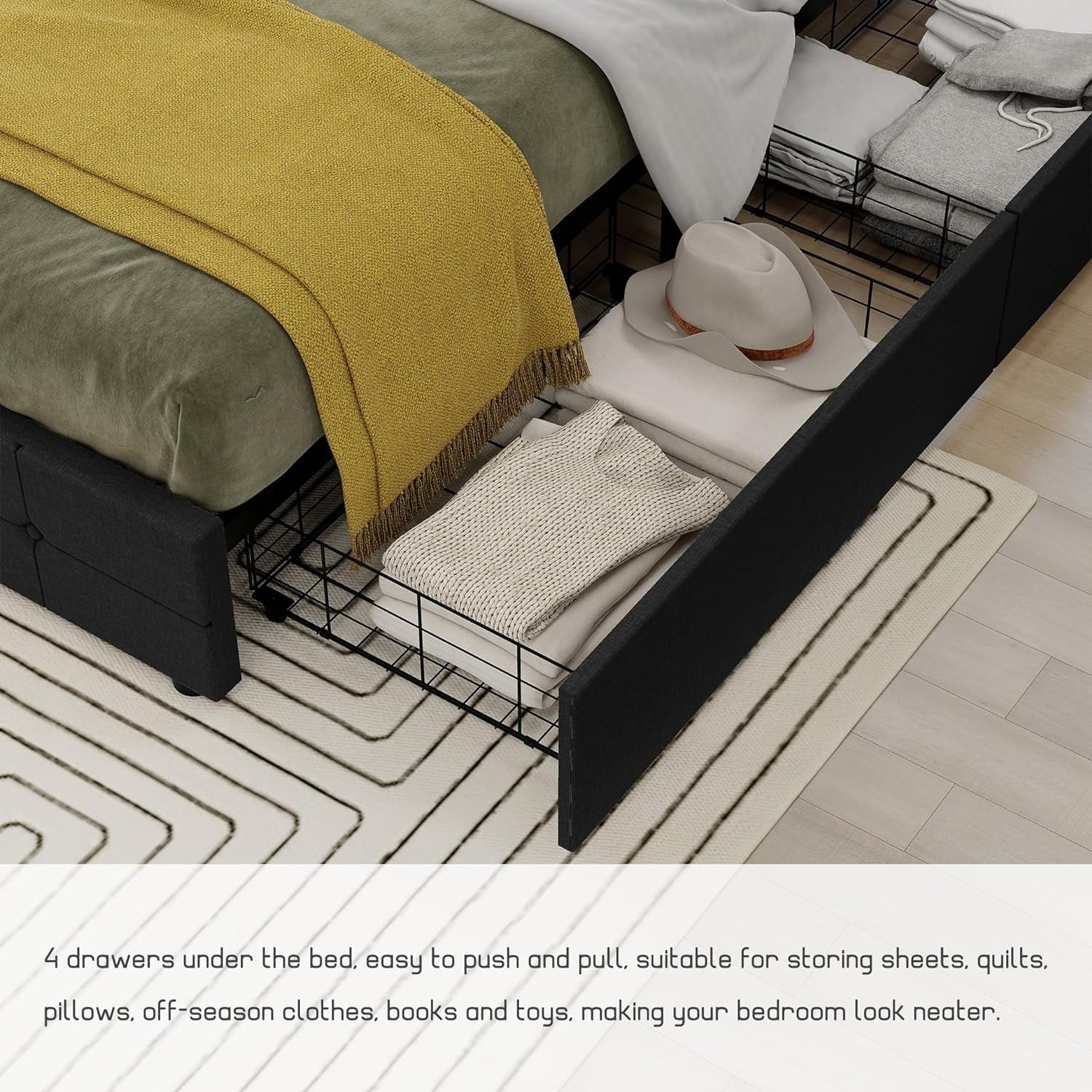 Black Linen Queen Size Platform Bed Frame with 4 Storage Drawers F9730