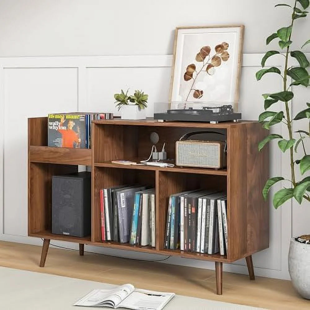 Mid-Century Record Player Stand with Vinyl Record Cabinet and Power Outlet K957669