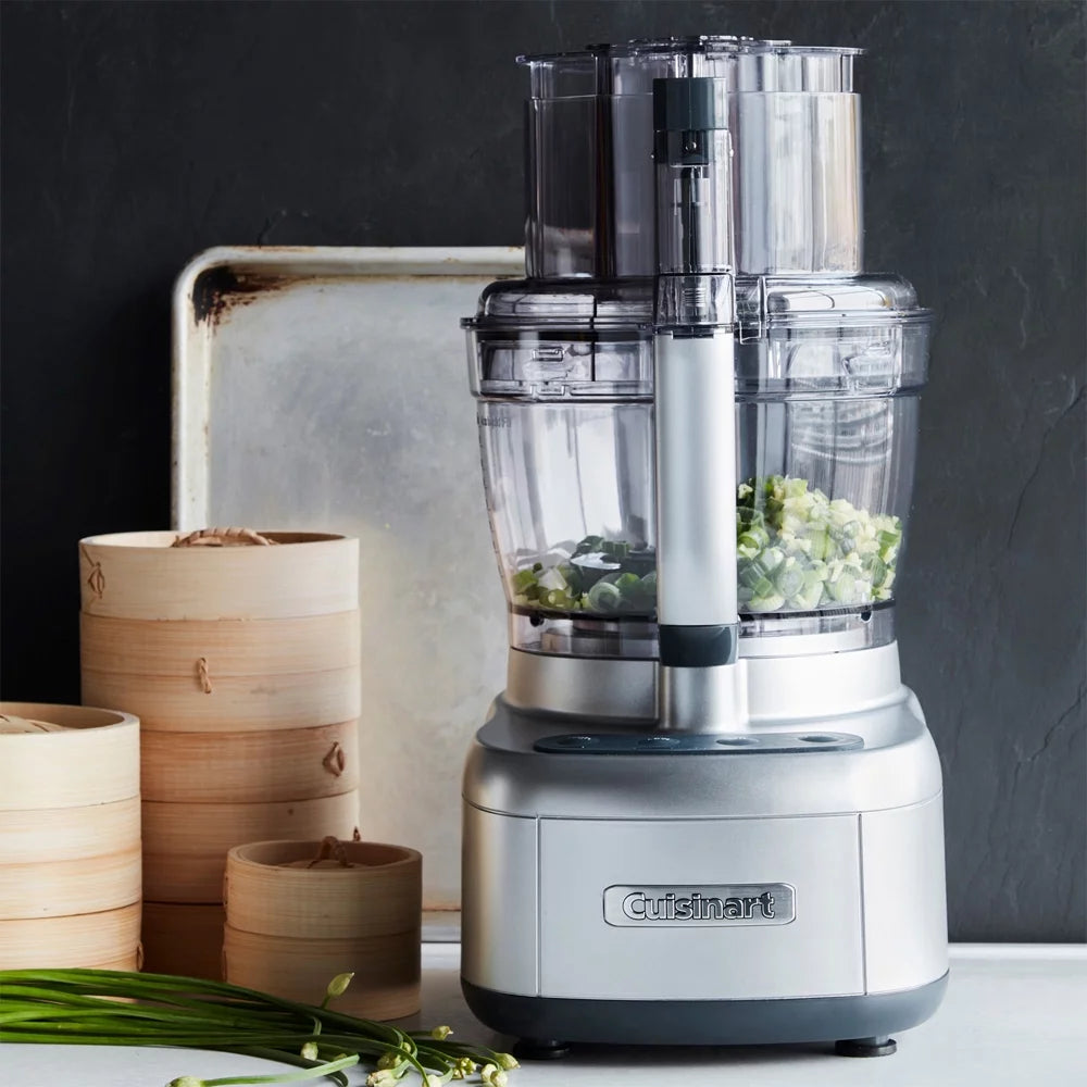 13-Cup Food Processor with Spiralizer and Dicer, Silver Bundle with 12 Piece Cutlery Set, Kitchen Timer and Red Oven Mitt K9483
