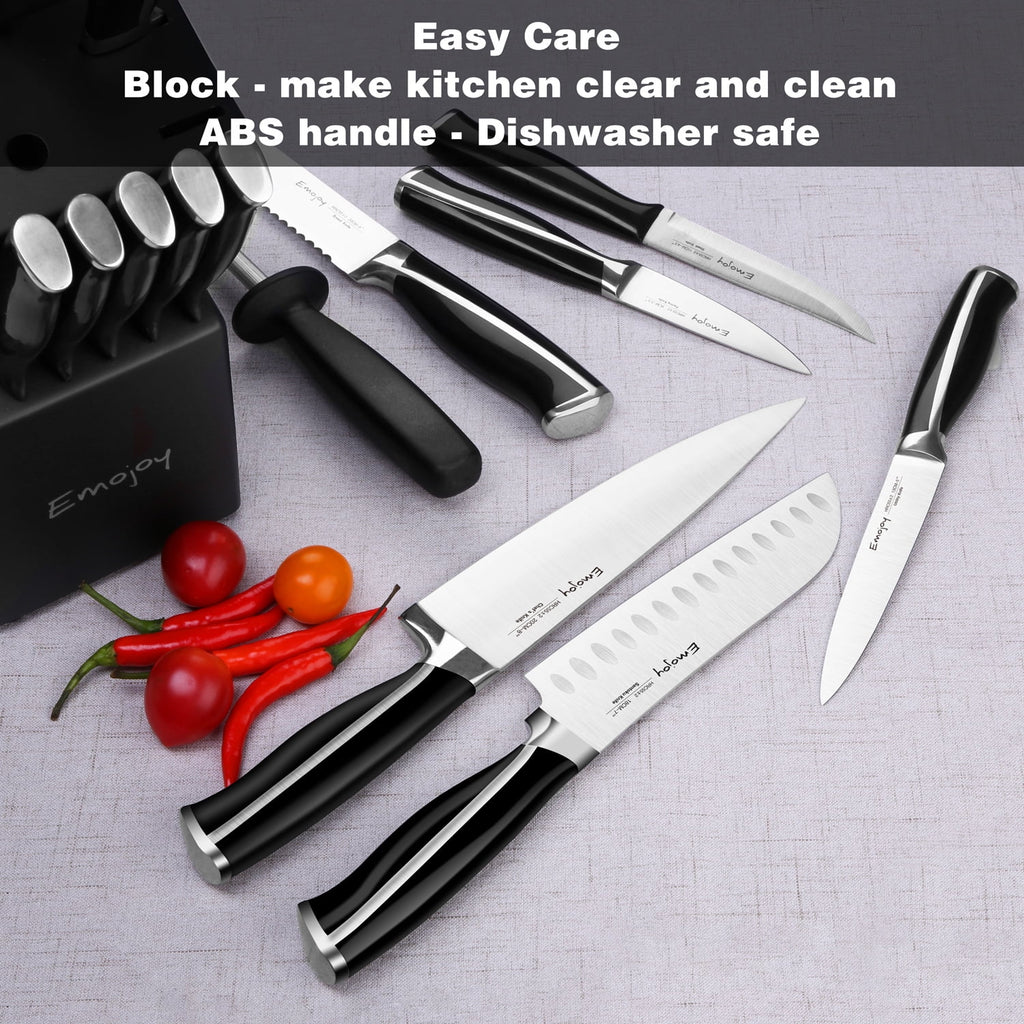 15-Pcs Black Stainless Steel Knife Set with Block O362