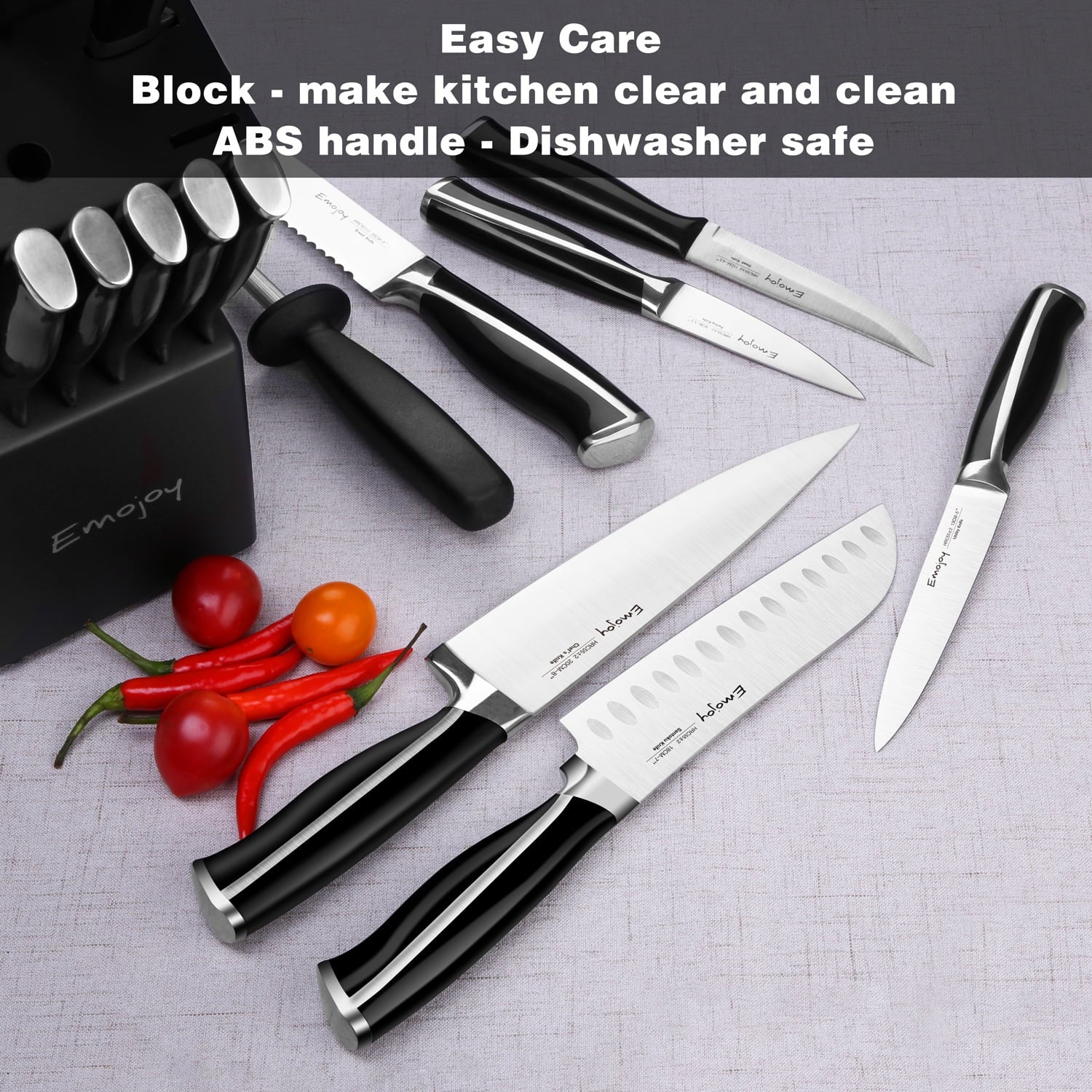 15-Pcs Black Stainless Steel Knife Set with Block O362