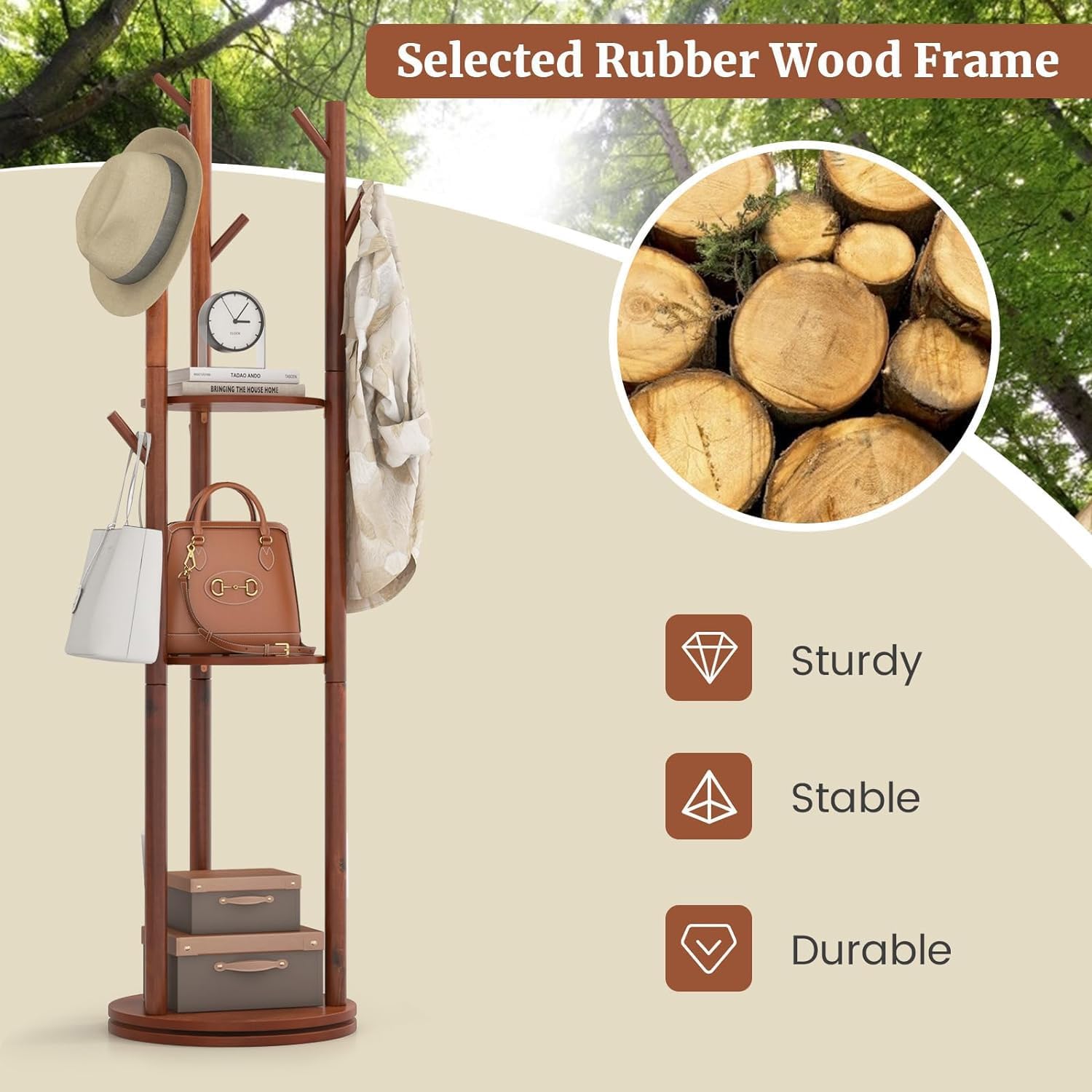 Walnut Wooden Freestanding Coat Rack with 3 Shelves and 9 Hooks L3636