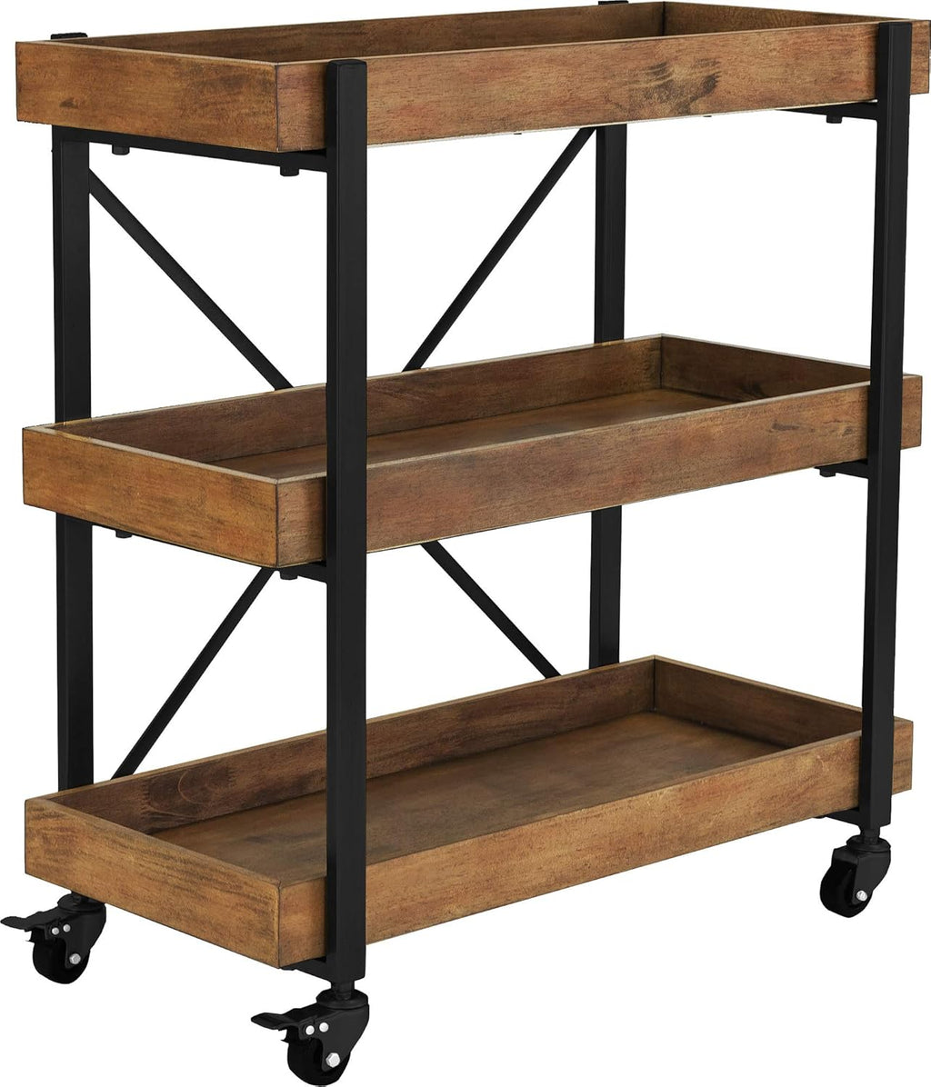 32 Inch Rolling Bar Cart with Wheels, Wood, Matte Black Metal Finish Z8004