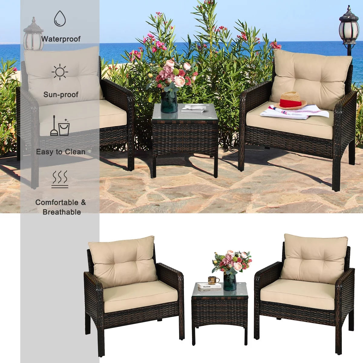Brown 3PCS Patio Outdoor Rattan Furniture Set with Cushioned Chairs Coffee Table Q873