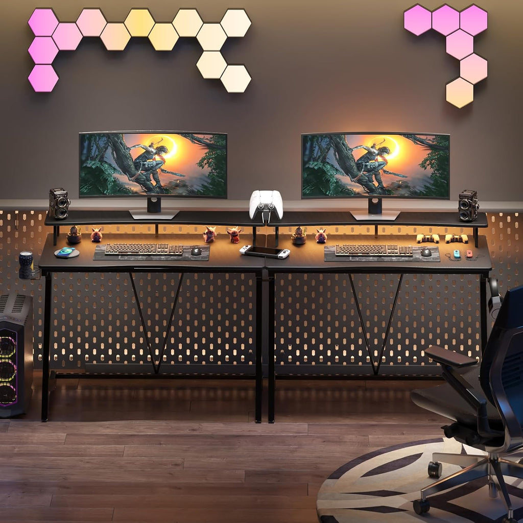 Gaming Desk with Power Outlets & Music Strip Lights, Large Monitor Stand Z617