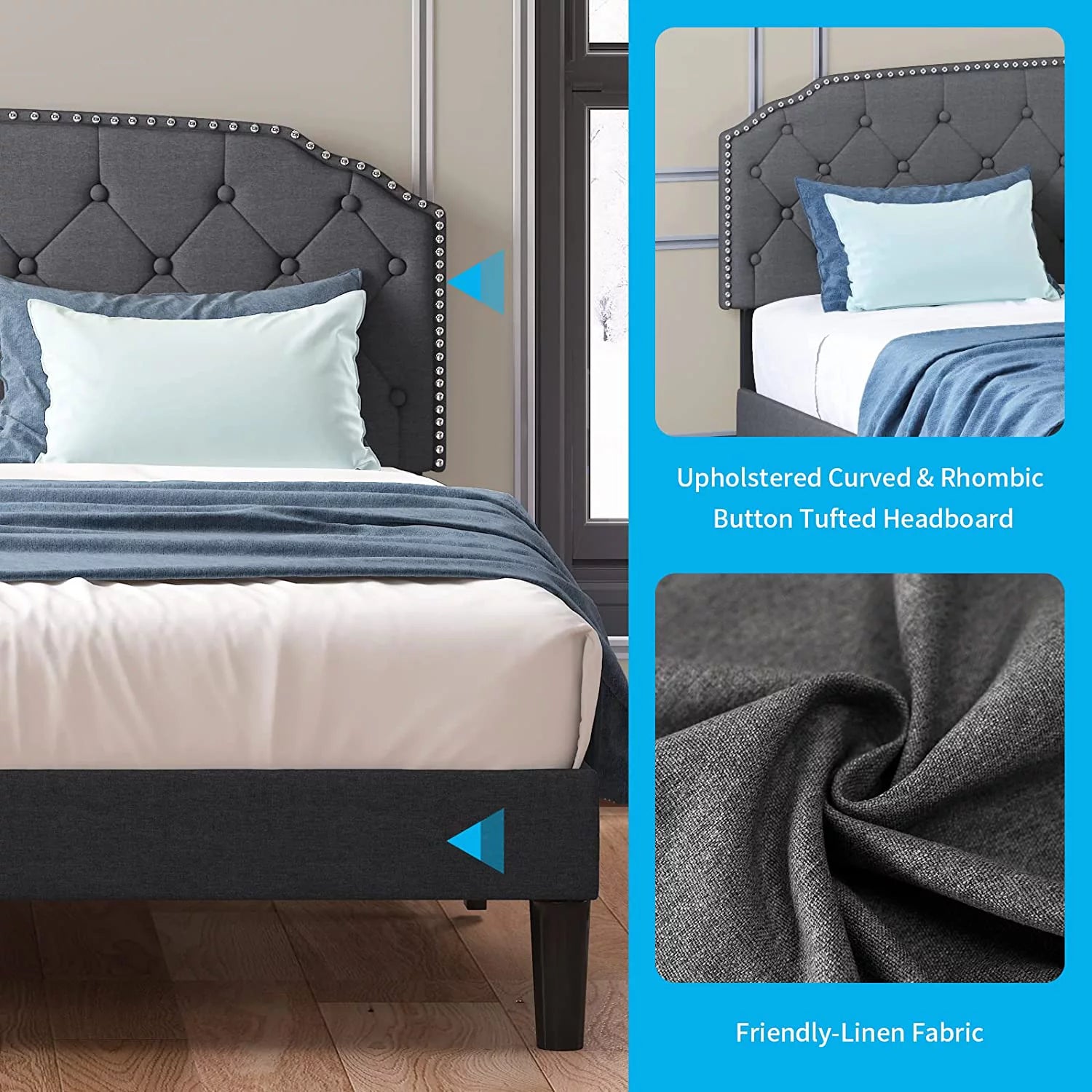 Queen Size Platform Bed Frame with Diamond Button Tufted Upholstered Headboard, Dark Grey F766