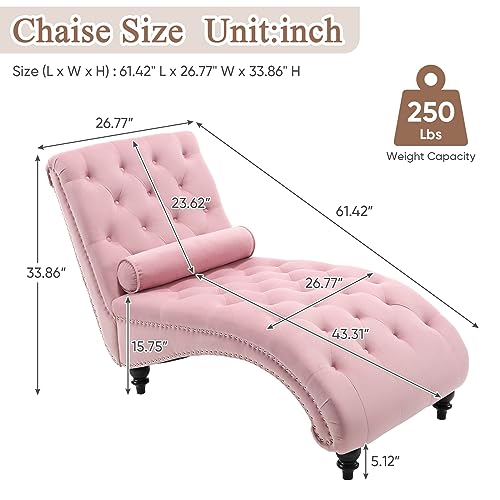 Pink Velvet Button Tufted Chaise Lounge Chair with Lumbar Pillow S7115