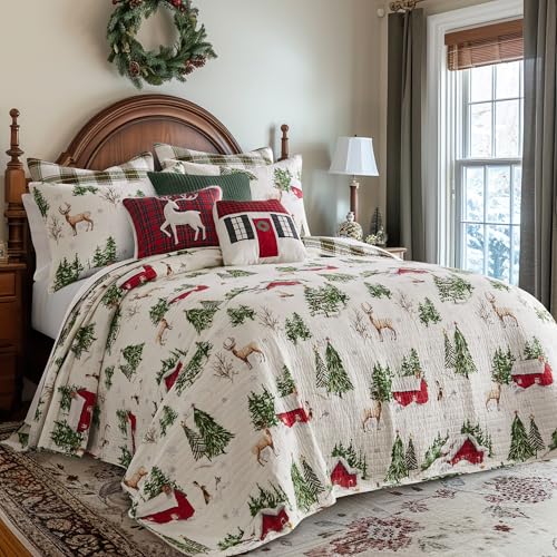 King/Cal King Red Green Brown White Cotton Reversible Quilt Set with Two King Pillow Shams A926389