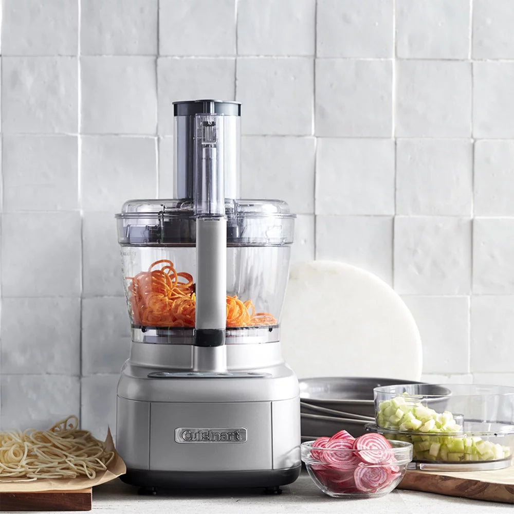 13-Cup Food Processor with Spiralizer and Dicer, Silver Bundle with 12 Piece Cutlery Set, Kitchen Timer and Red Oven Mitt K9483