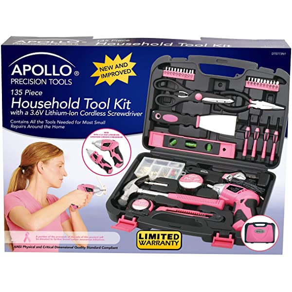 135 Piece Pink Household Tool Kit with Cordless Screwdriver X993985