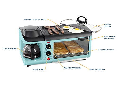 Retro 3-in-1 Breakfast Station, Coffeemaker, Toaster Oven, Griddle, Aqua Z956