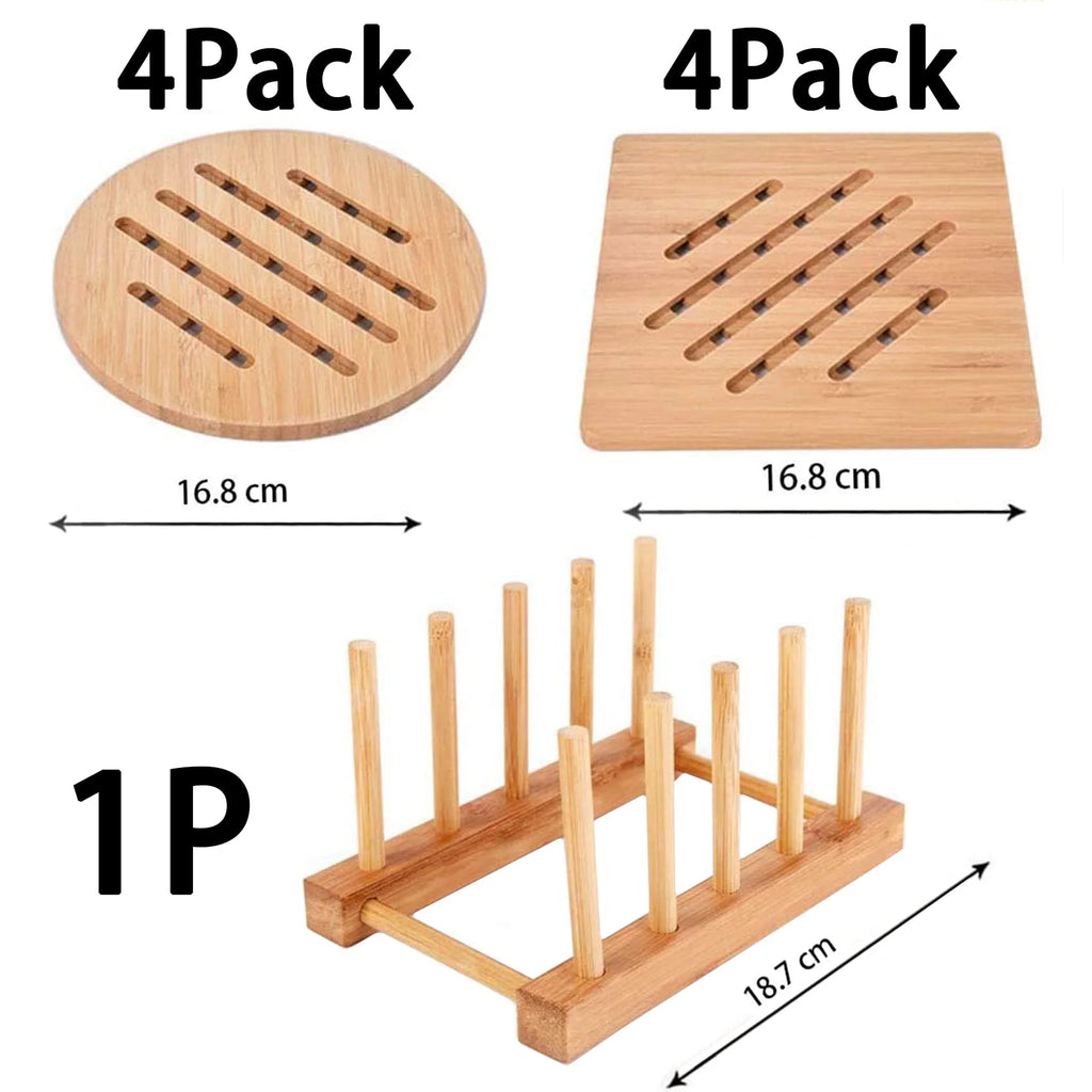 8 Pack Natural Bamboo Trivet Mat Set with 2 Holders Z61238