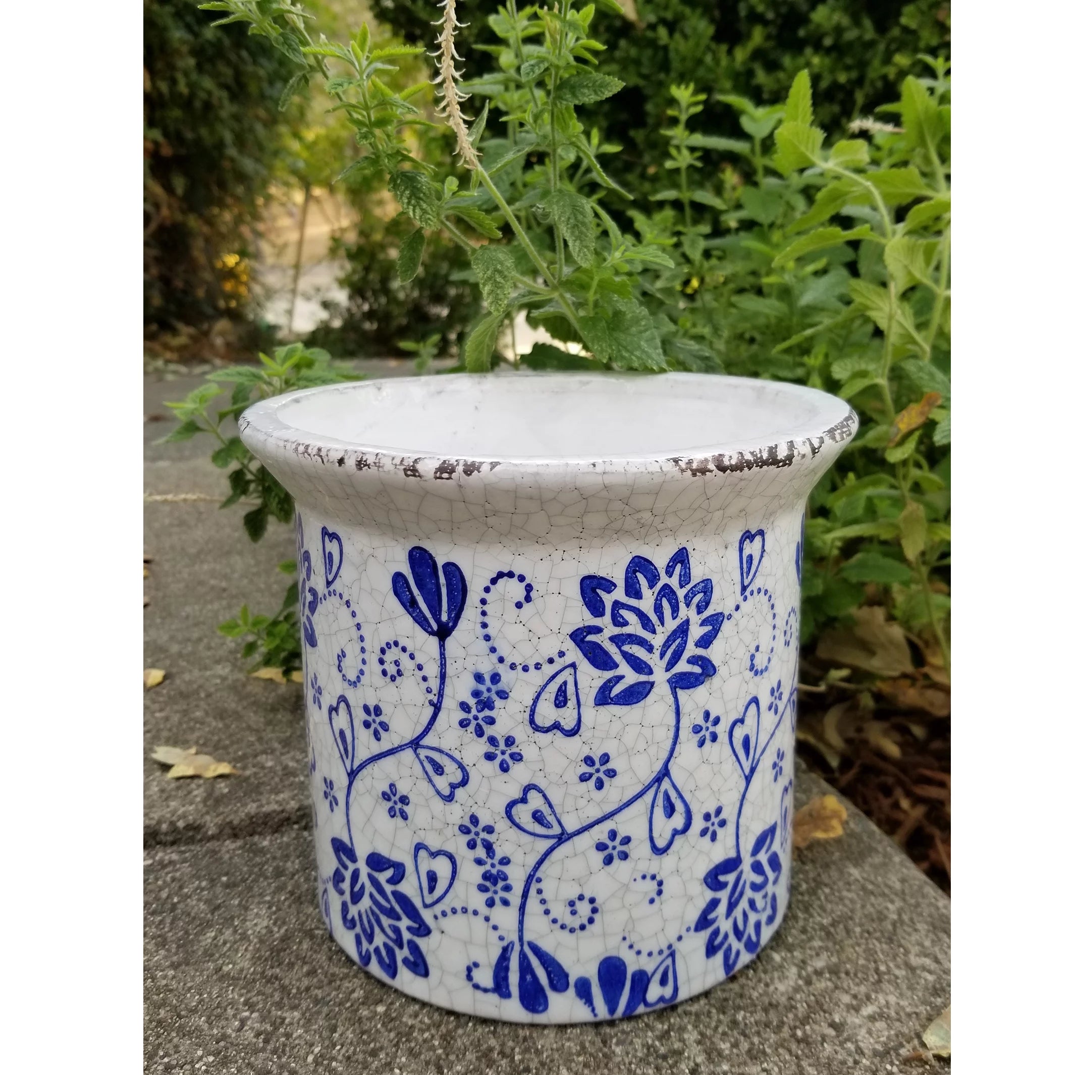 Blue and White Ceramic Flower Print Planter with Flared Lip P35311